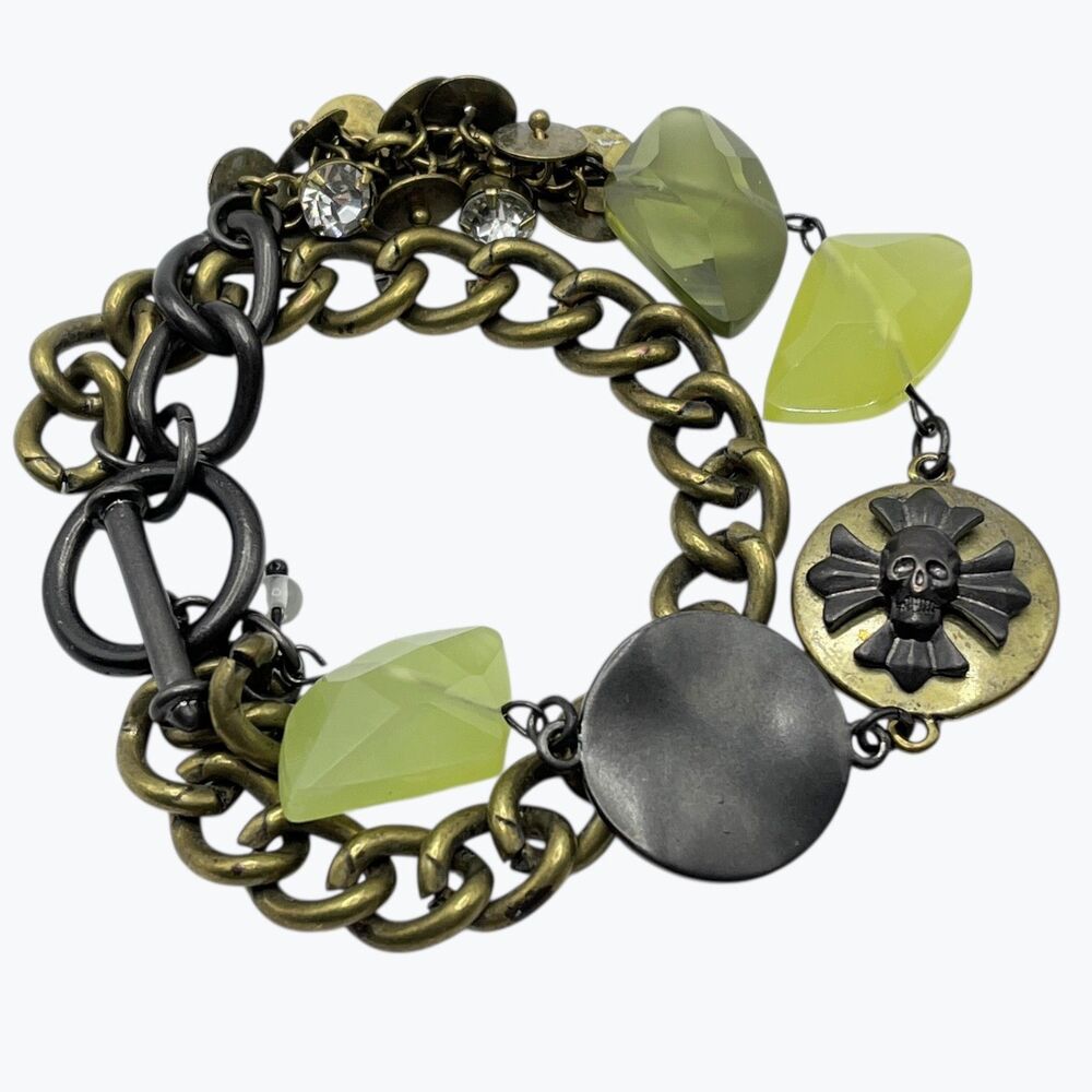 Chunky Chain Linked Skull Coin Charm Bracelet Antiqued Skeleton Punk Grunge Y2K